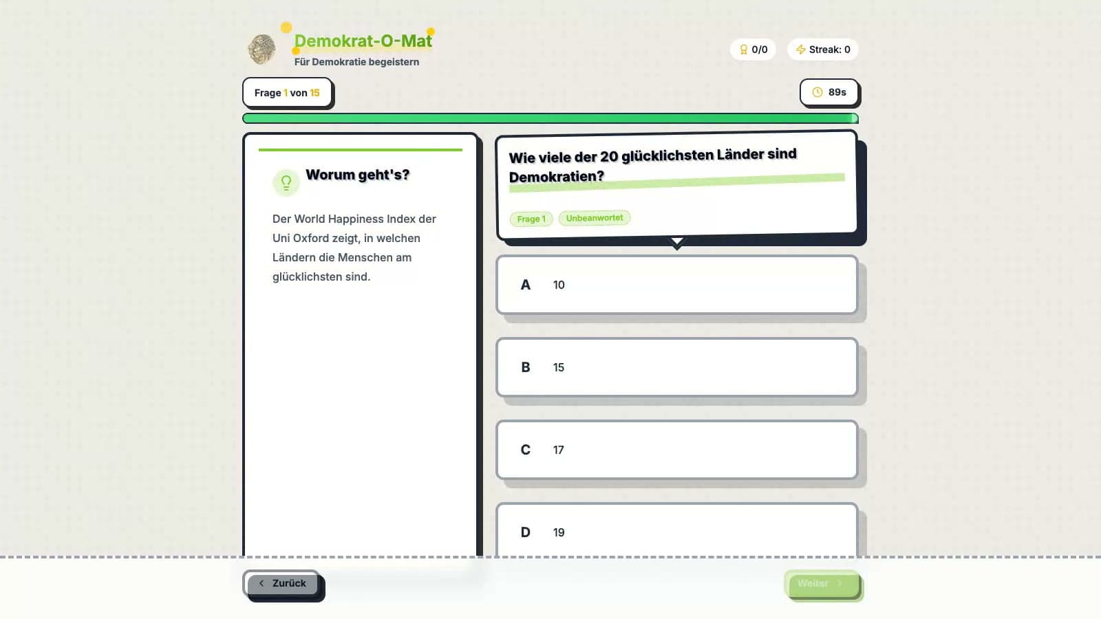Demokrat-o-Mat Quiz mit Frage und Antwortkarten