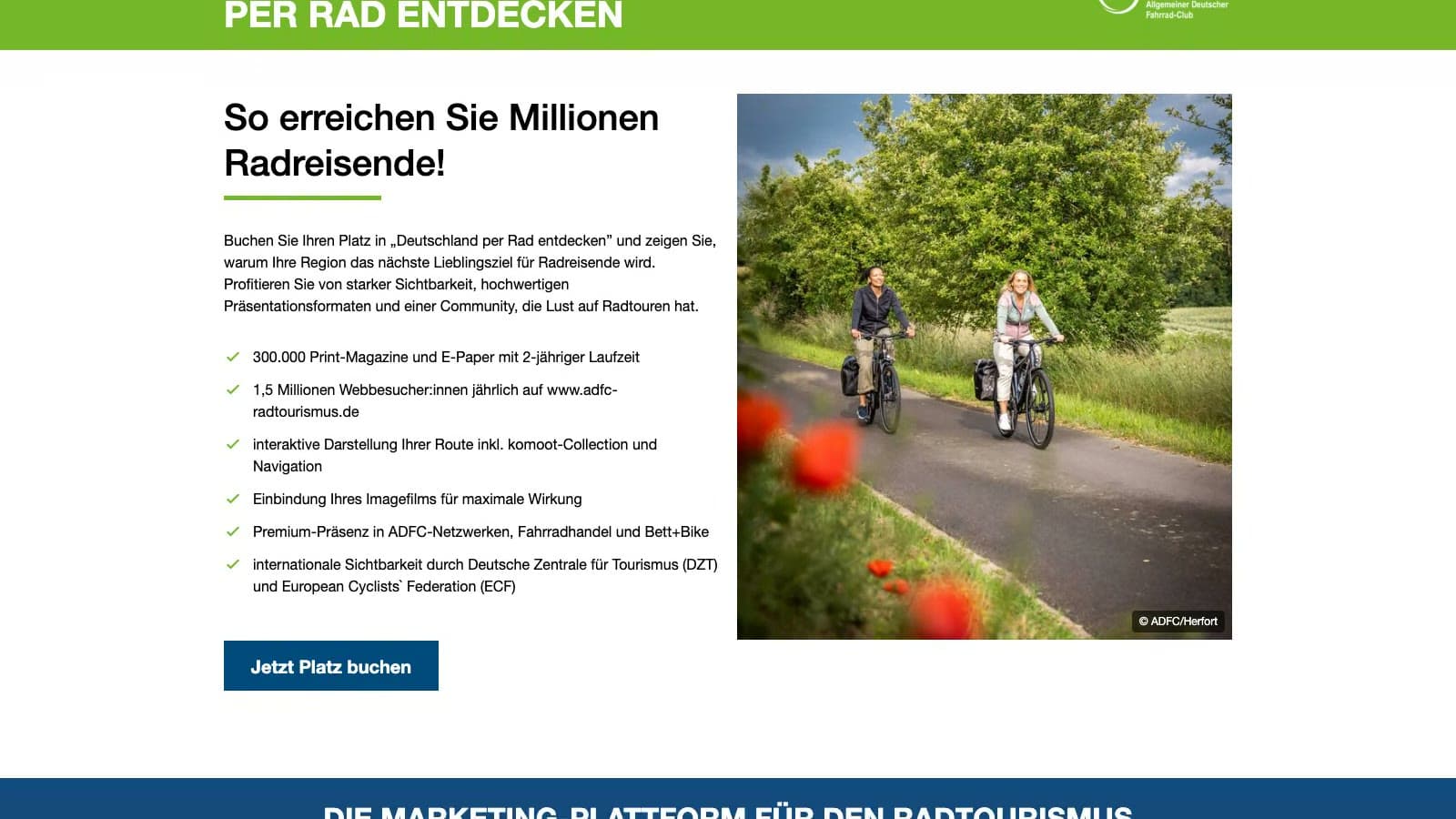 Buchungsseite für Anzeigenplätze im ADFC-Magazin Deutschland per Rad entdecken