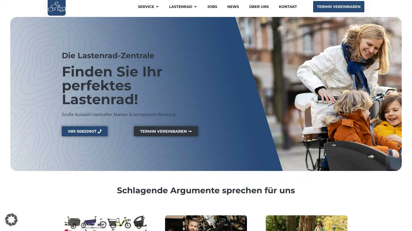 Website der Lastenrad-Zentrale mit Serviceleistungen und Terminbuchung