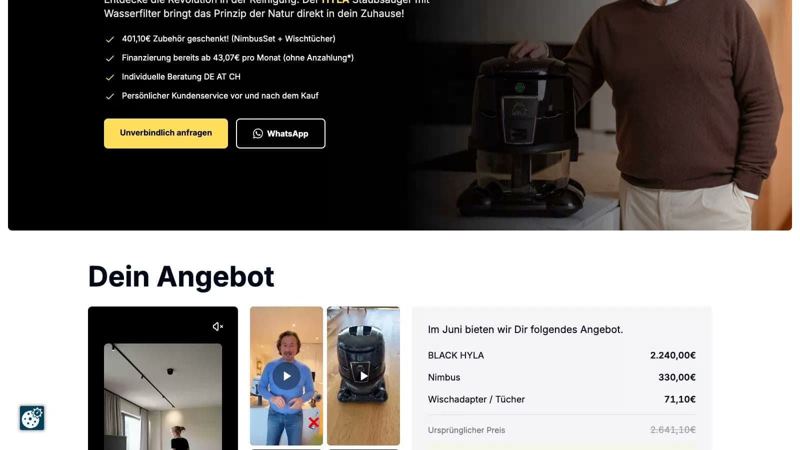 simplyclean-Landingpage mit Hyla-Angebot und Finanzierungsrechnung