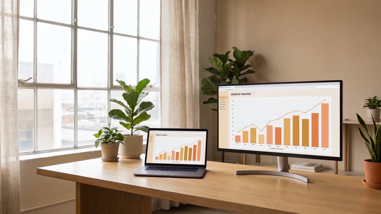 Schreibtisch mit Laptop und Monitor, auf dem ein Wachstums-Dashboard zu sehen ist