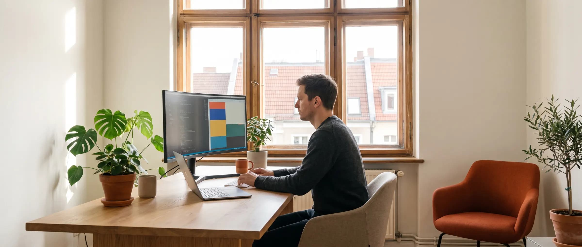 Entwickler arbeitet konzentriert im hellen Homeoffice an zwei Bildschirmen