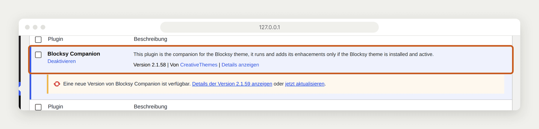 WordPress Pluginliste mit hervorgehobener Zeile von Blocksy Companion und verfügbarem Update