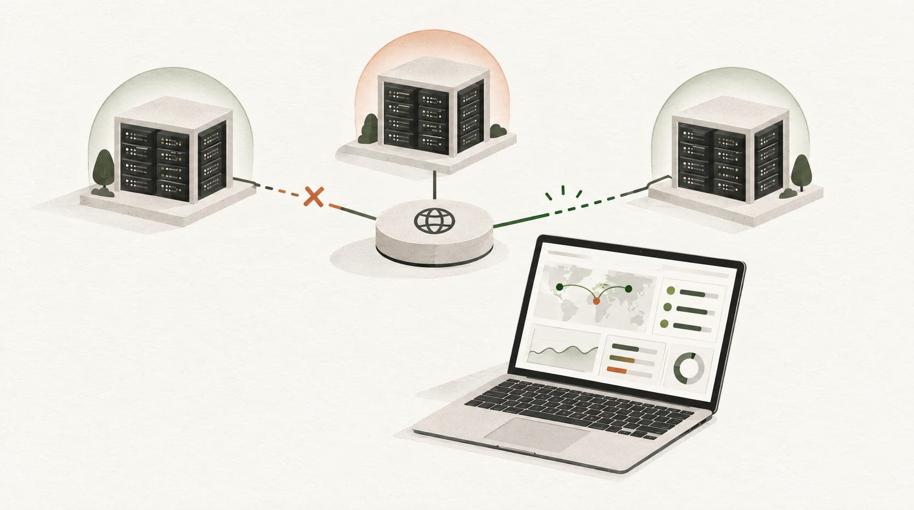 Ruhige Illustration von drei Rechenzentrumsstandorten und einer wiederhergestellten DNS-Verbindung