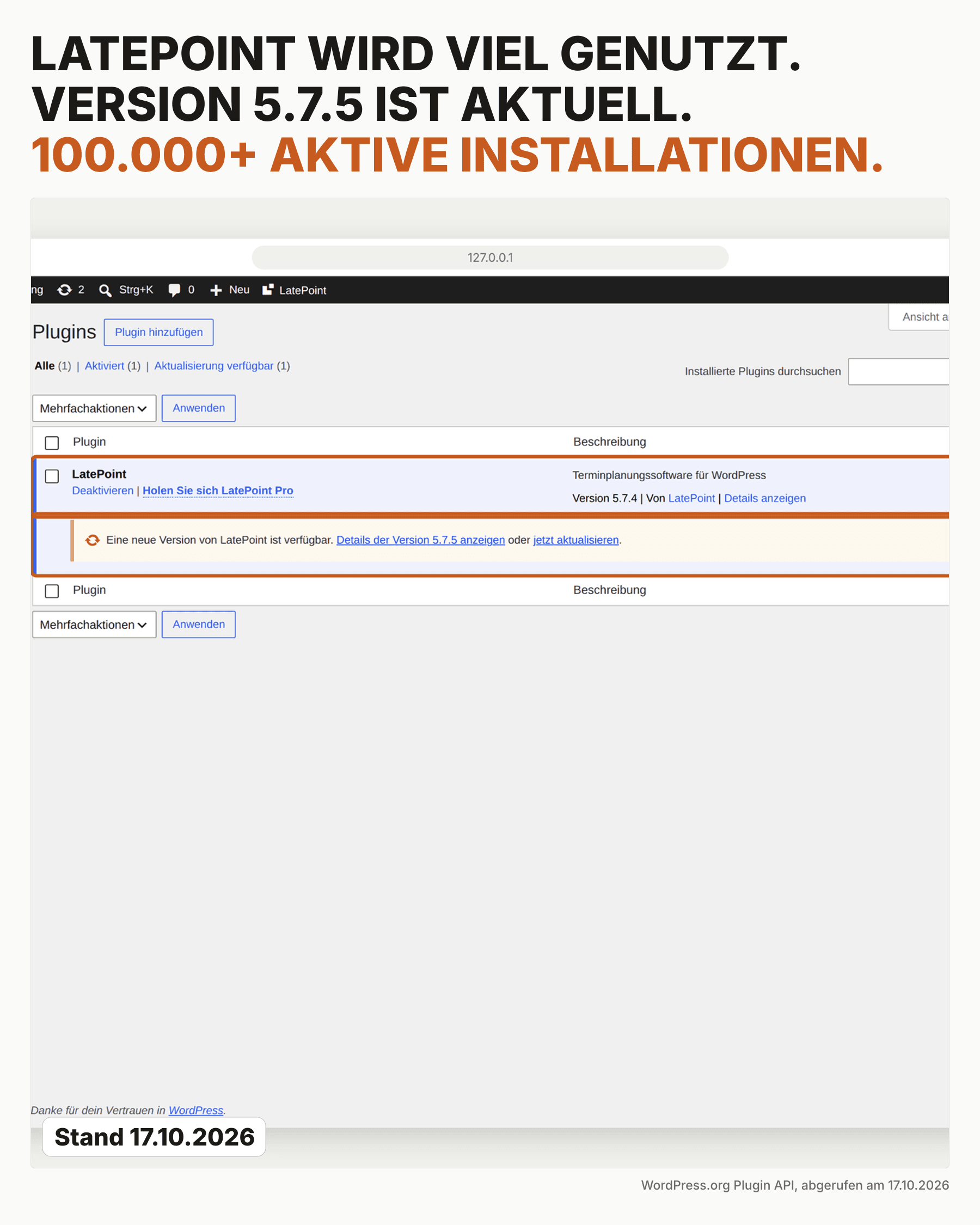 Datenvisual zu LatePoint mit aktueller Version 5.7.5 und mehr als 100.000 aktiven Installationen