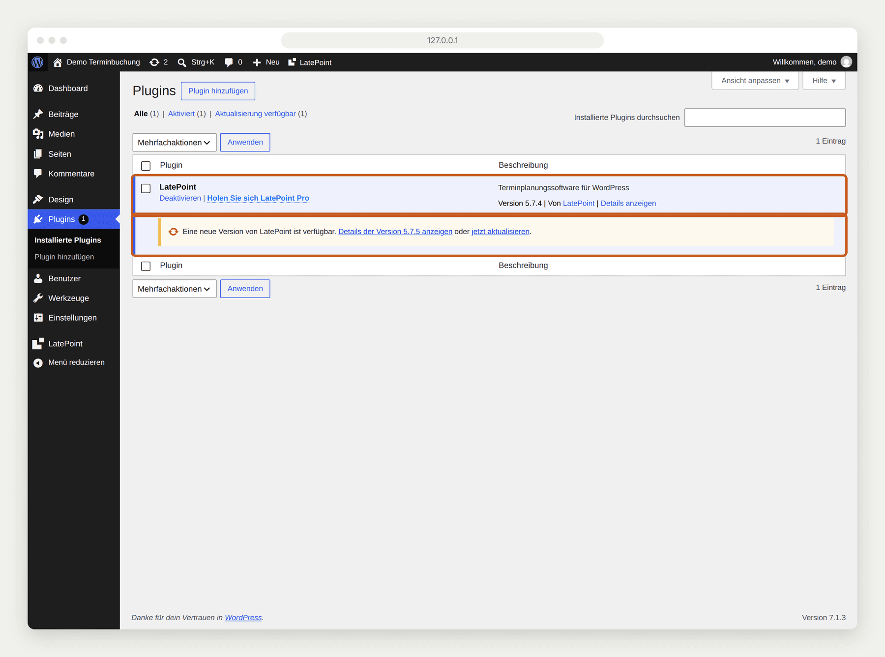 WordPress Plugin Liste mit markierter LatePoint Zeile in Version 5.7.4 und verfügbarem Update auf 5.7.5