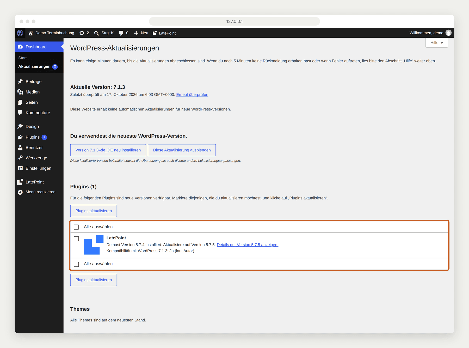 WordPress Aktualisierungsseite mit LatePoint Update auf Version 5.7.5