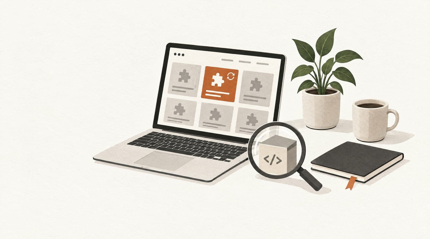 Ruhiger Arbeitsplatz mit Laptop, Lupe und terrakottafarbener Update Karte