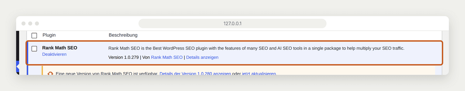 WordPress Plugin Liste mit hervorgehobener Rank Math SEO Zeile und sichtbarer Versionsnummer