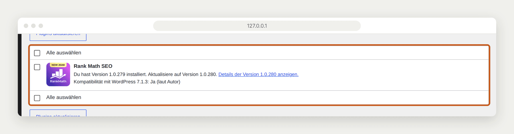 WordPress Seite Aktualisierungen mit hervorgehobenem Bereich für Plugin Updates