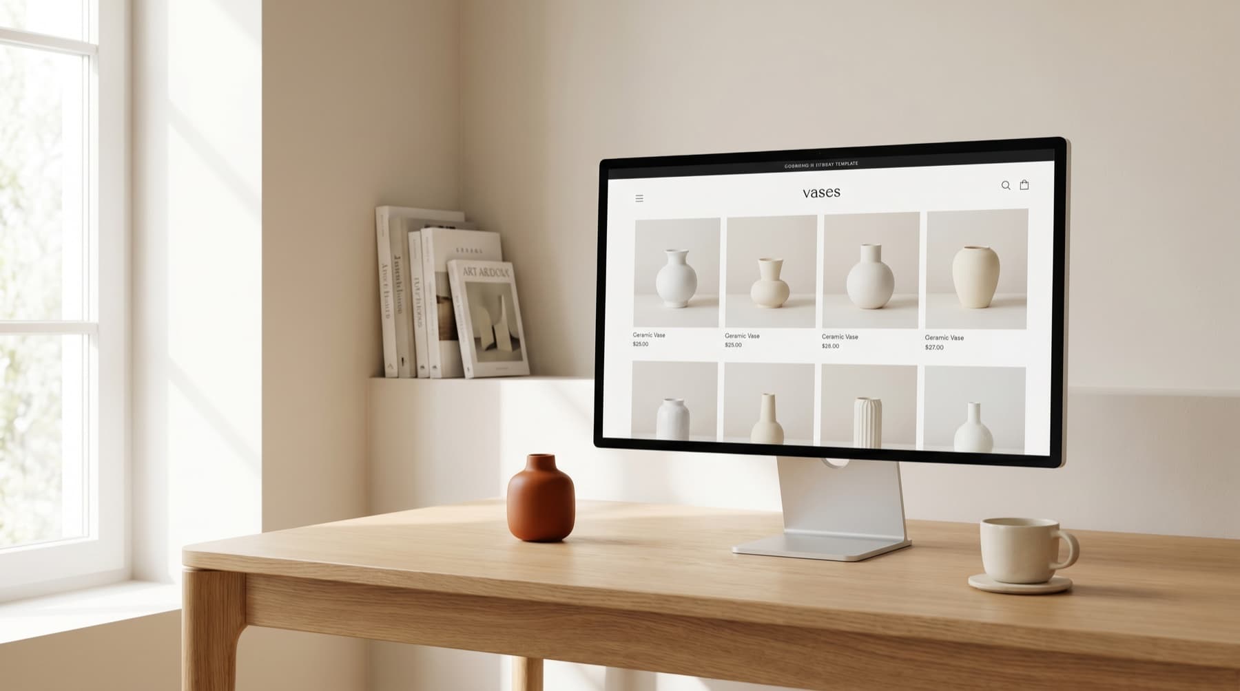 Monitor auf einem hellen Holzschreibtisch zeigt einen minimalistischen Online-Shop mit Keramikvasen