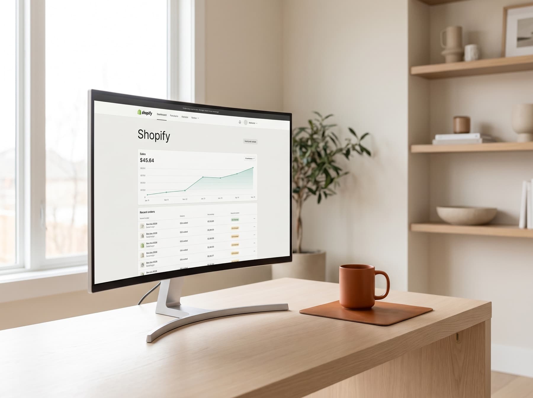 Shopify-Admin-Dashboard mit Umsatzkurve und Bestellliste auf einem Monitor im hellen Arbeitszimmer