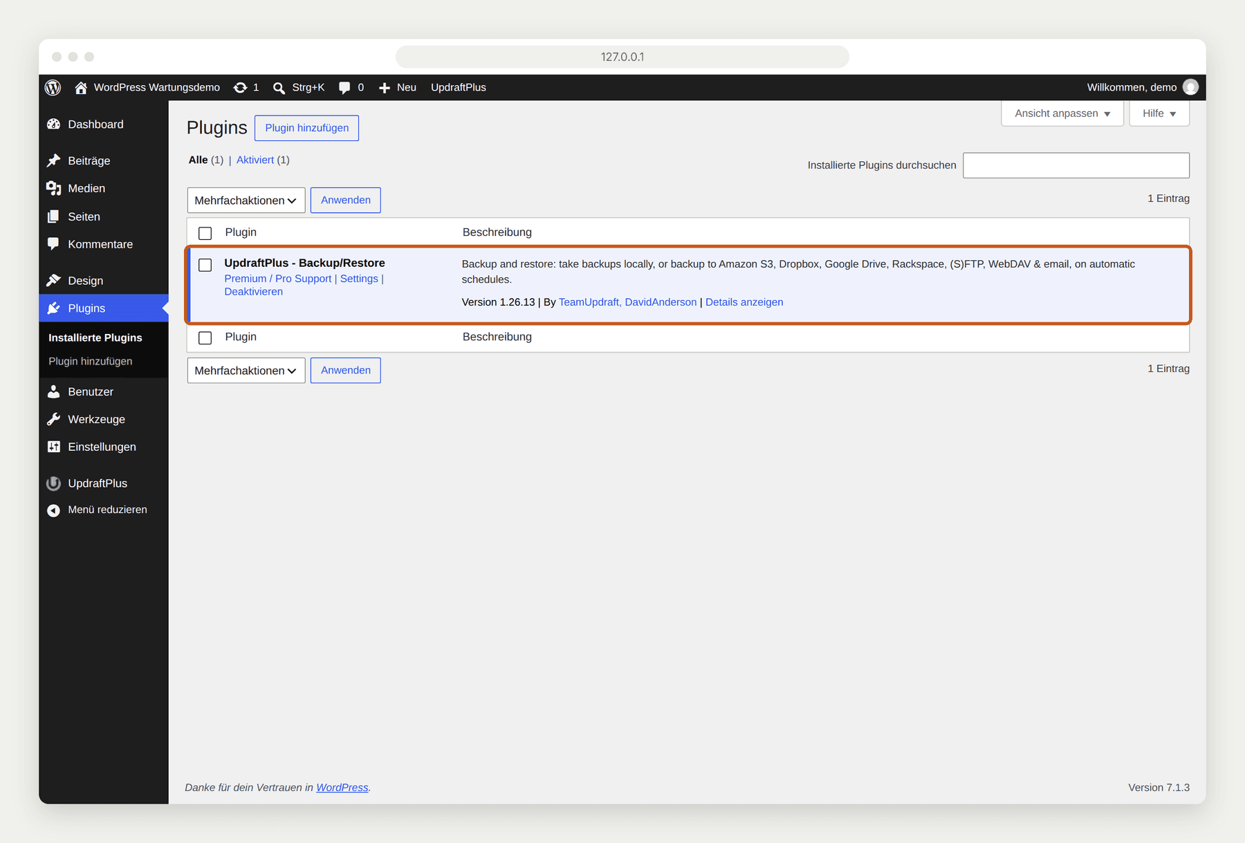 WordPress-Pluginliste mit hervorgehobener UpdraftPlus-Zeile