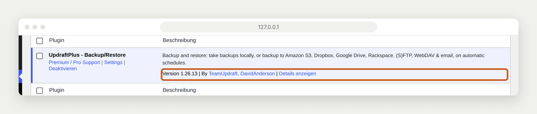 UpdraftPlus-Pluginzeile mit hervorgehobener Versionsangabe 1.26.13