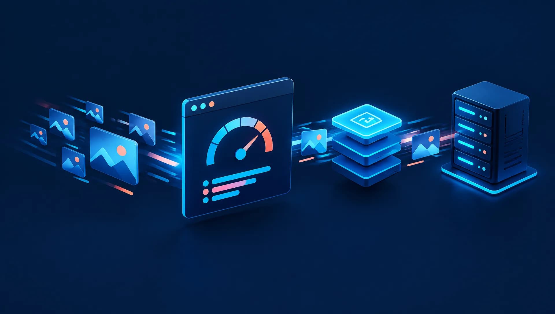 Abstrakte Browseransicht mit Geschwindigkeitsanzeige, optimierten Bildern, Cache und Server