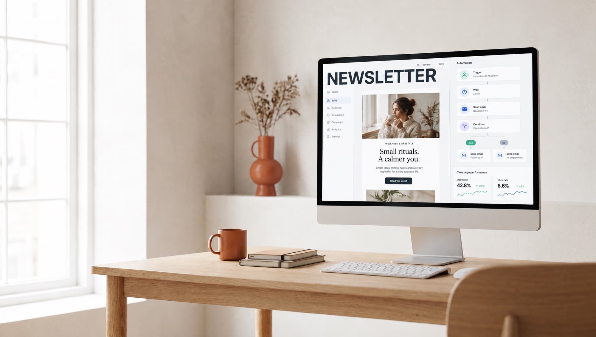 Monitor mit Newsletter-Editor, Automations-Workflow und Öffnungsraten
