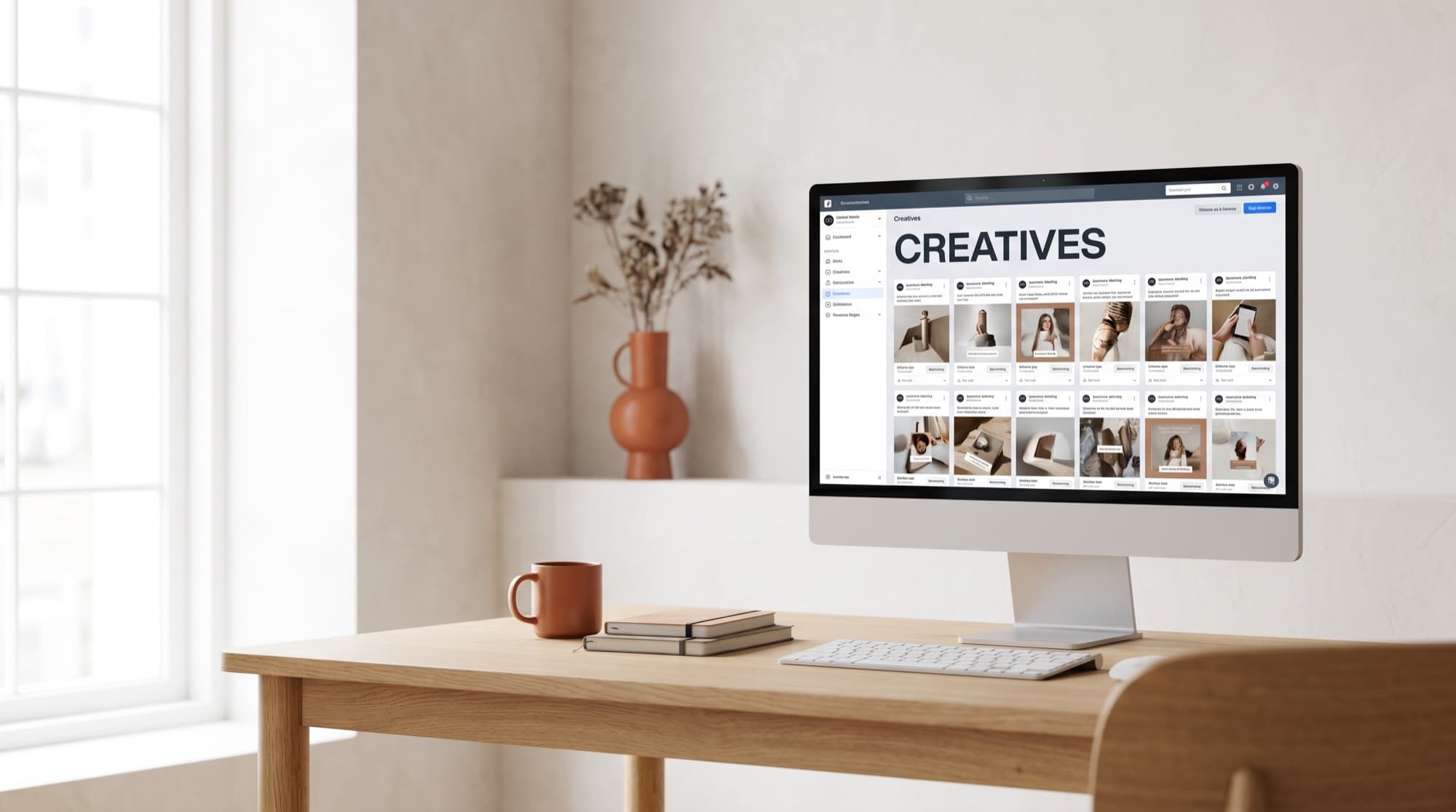 Monitor mit Ads-Manager und Raster aus Ad-Creatives