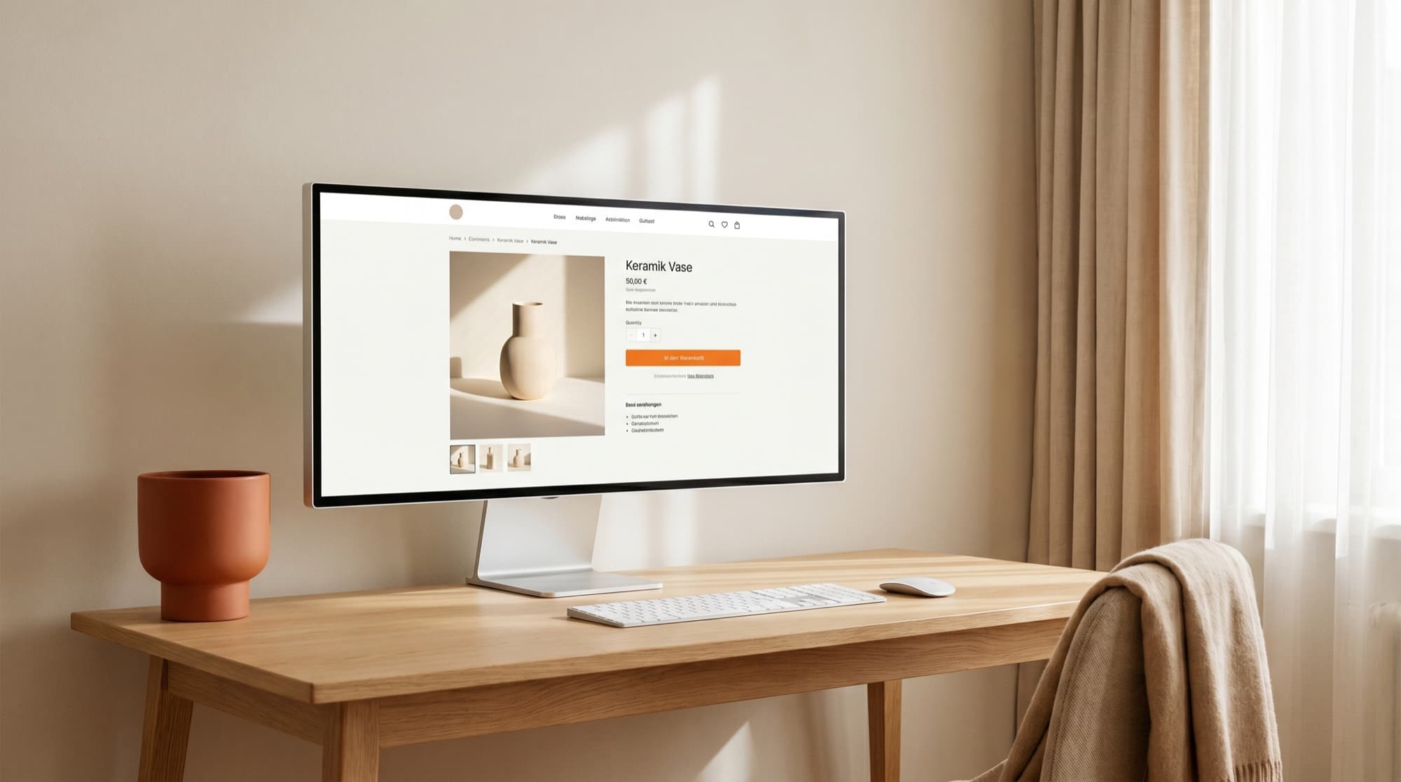 Monitor mit heller Shop-Produktseite an einem Studio-Arbeitsplatz