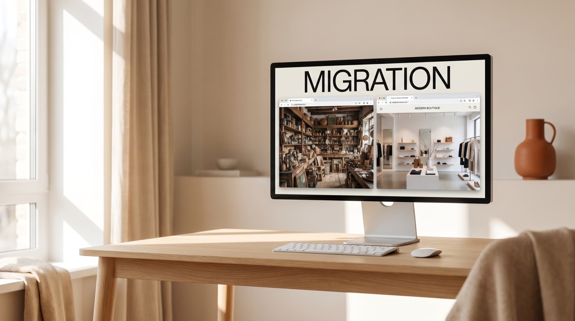 Zwei Monitore im Vorher-Nachher-Vergleich einer Shop-Migration