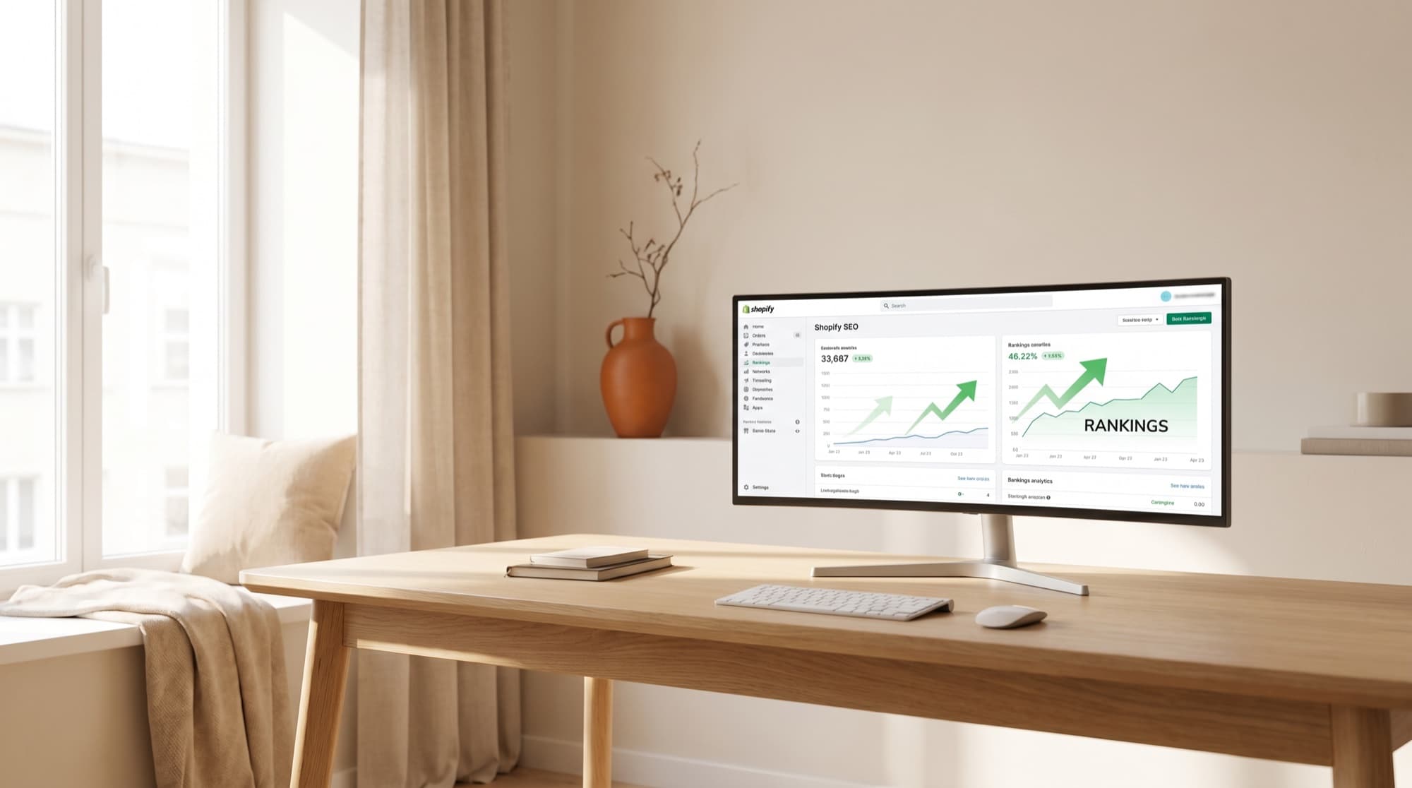 Monitor mit Shop-Storefront und steigender SEO-Kurve
