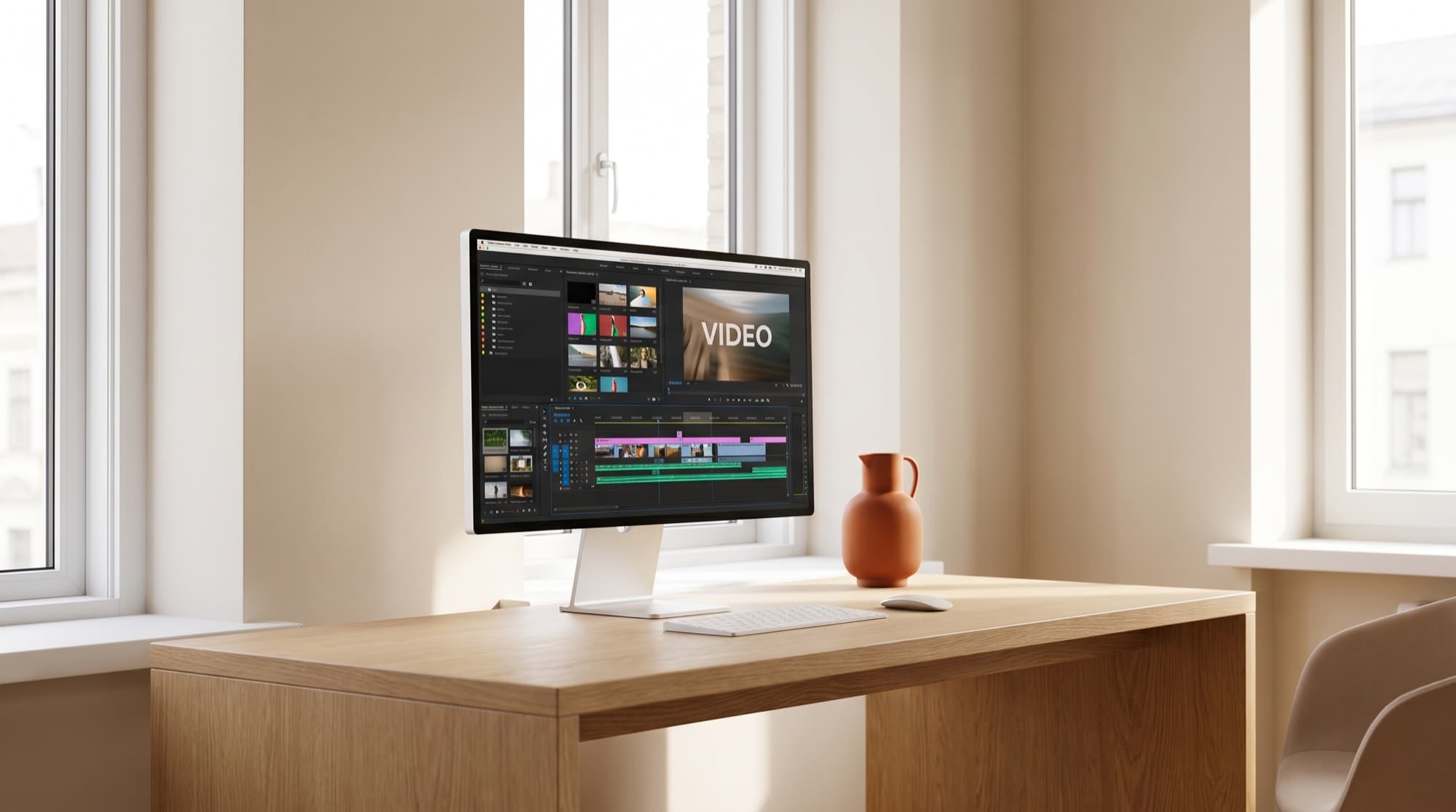 Monitor mit Schnitt-Timeline und Video-Stills in mehreren Formaten