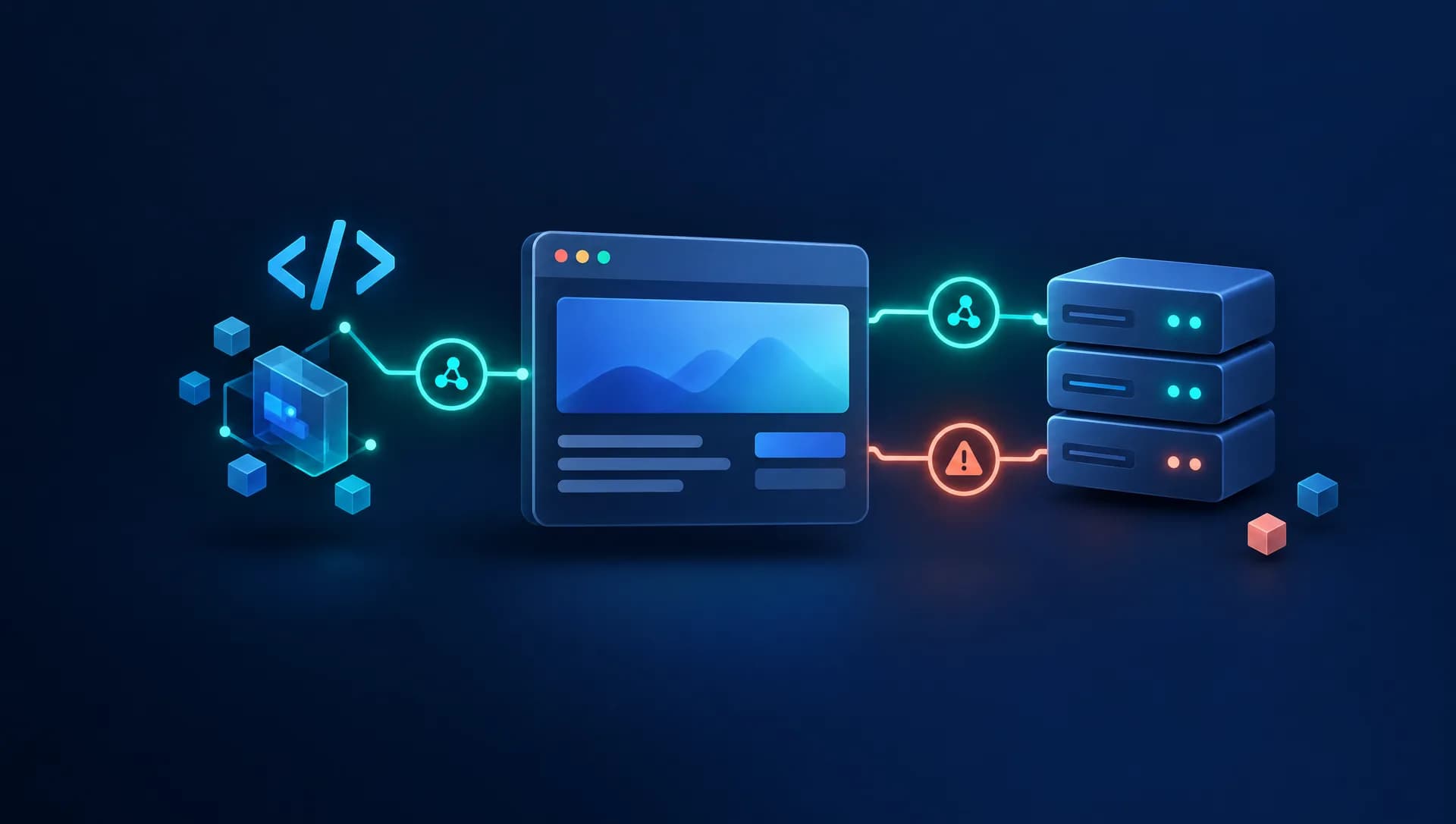 Abstrakte Browseransicht mit API-Verbindungen, Servern und einem markierten Diagnosepfad